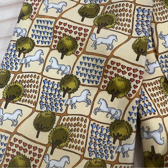 *2/$60* Salvatore Ferragamo Yellow Horse and Farm Silk Tie - Picture 2 of 12